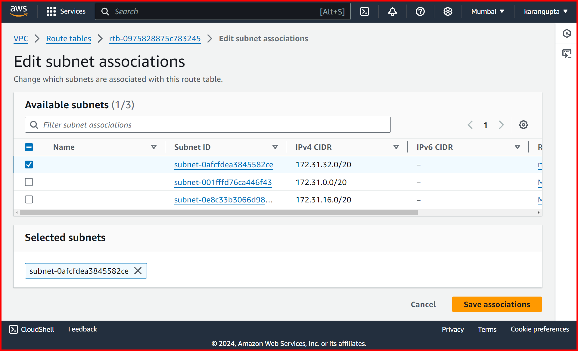 Picture showing selecting the subnet for associating it with the route table